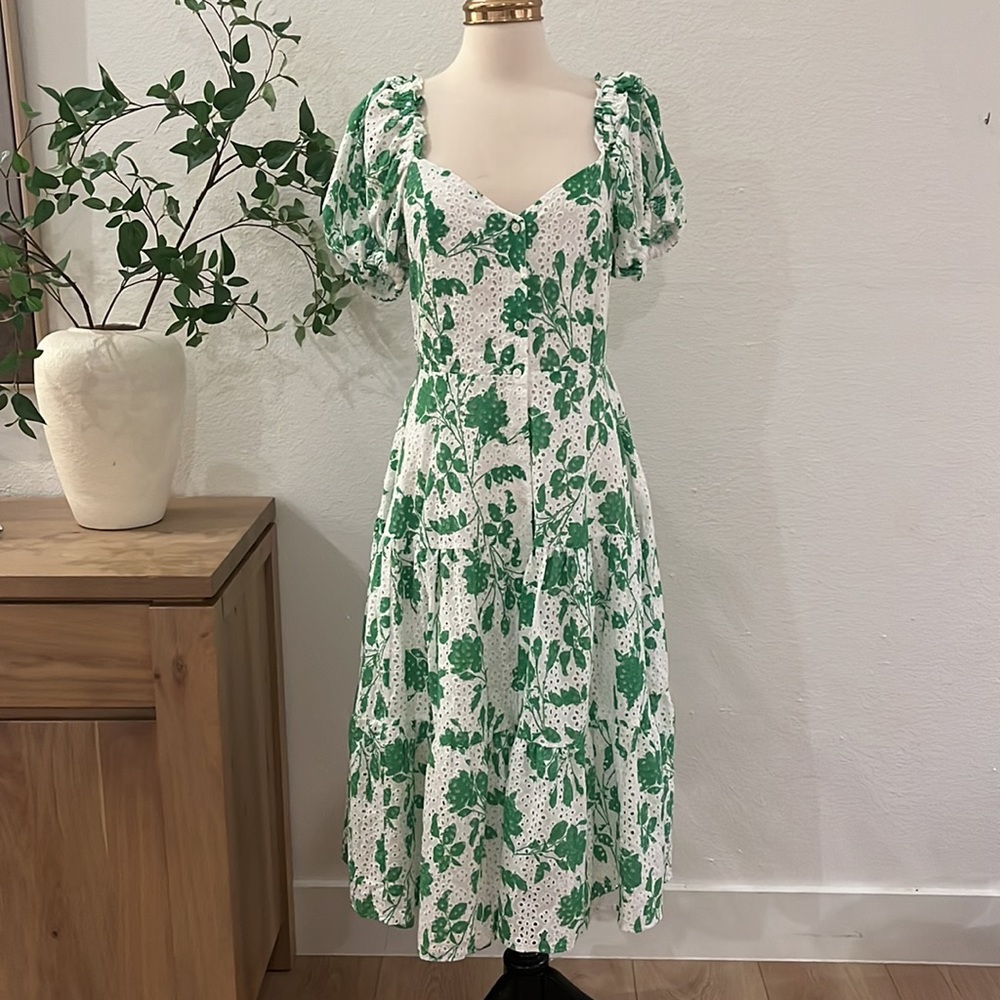 Rachel Parcell | Stencil Floral Eyelet Puff Sleeve Midi Dress Foliage Green - Picture 4 of 12